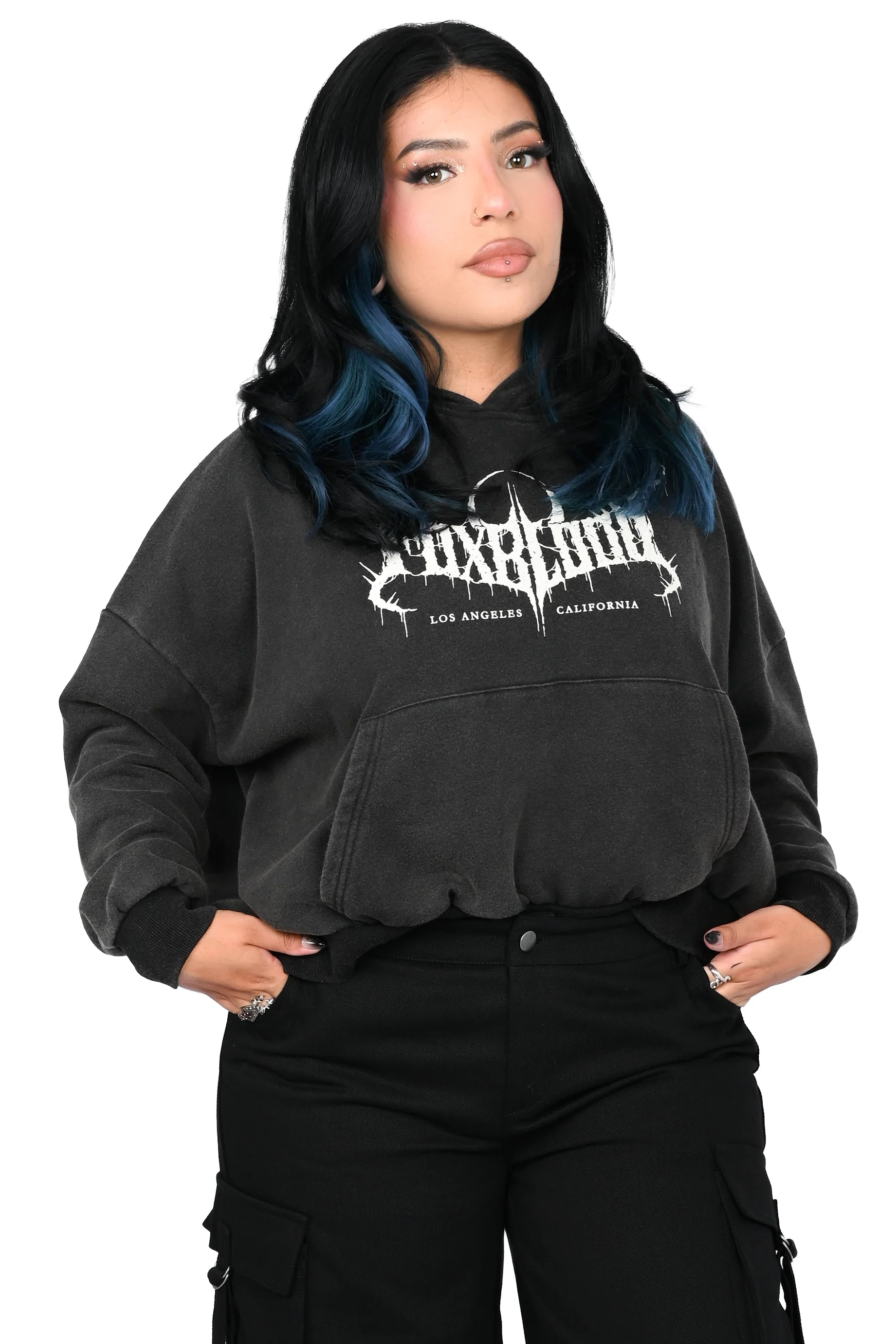 Oversized FOXBLOOD Crop Hoodie - Vintage Black - Image 3